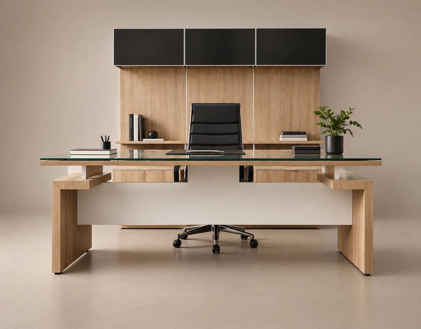 Escritorio Oslo de Poliarte, cubierta de vidrio con base de madera clara