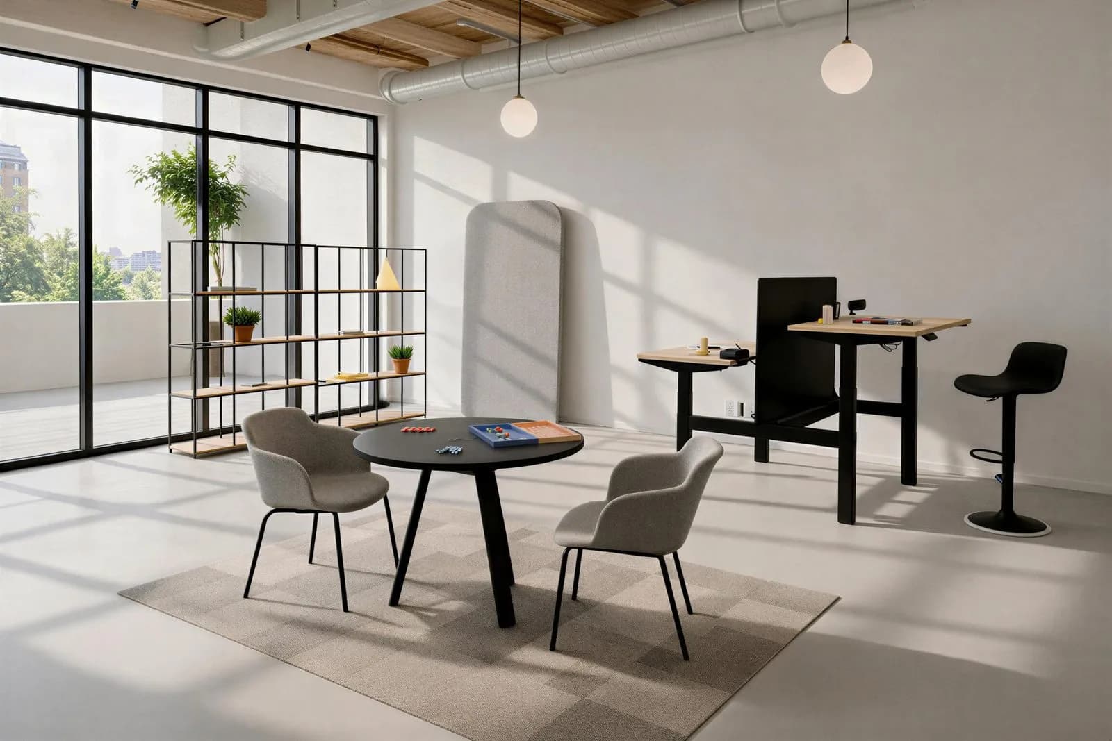 Render de una oficina abierta con escritorios elevables, mesa de juntas redonda y librero metálico