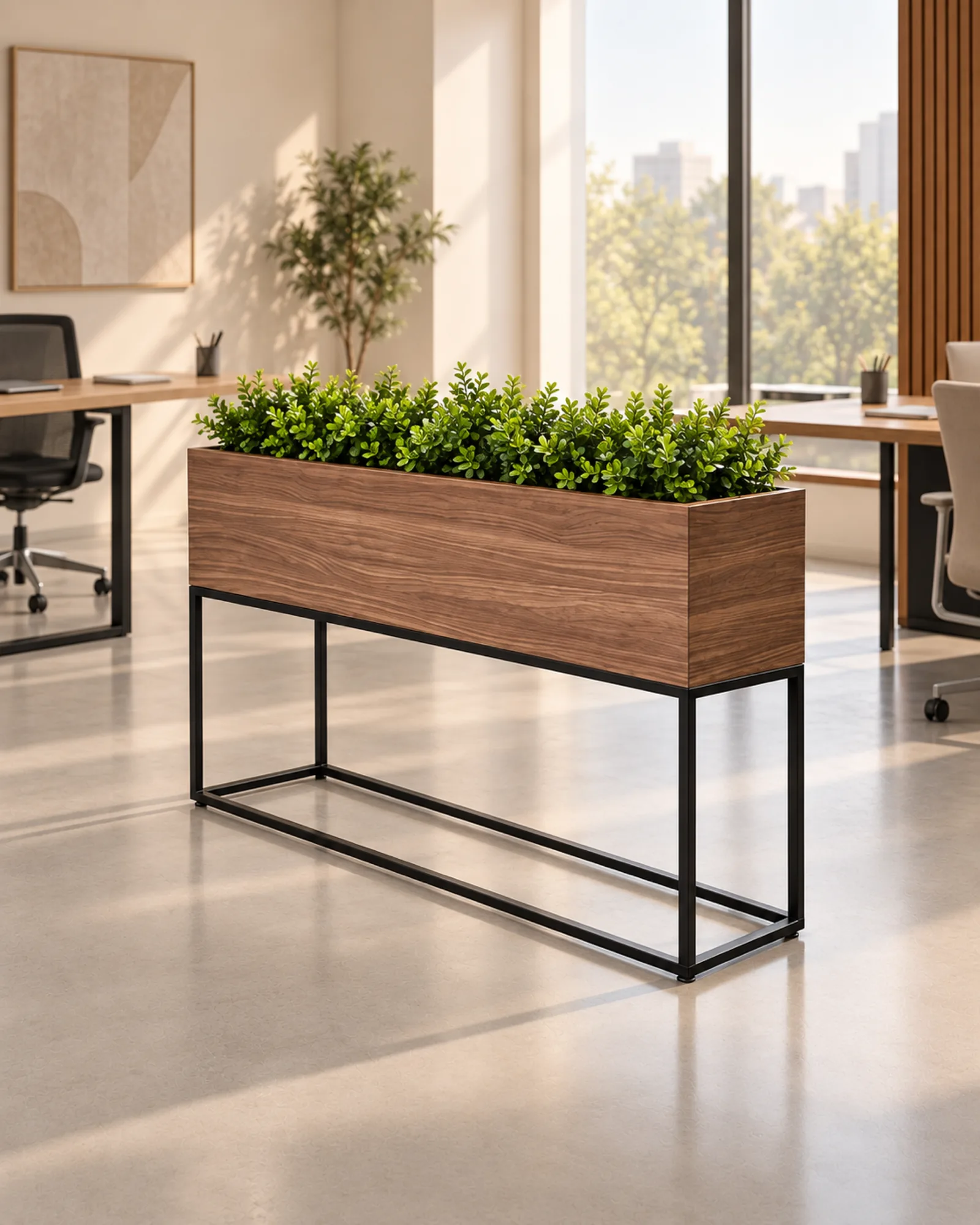 Macetero Wood de Poliarte con plantas, caja de madera sobre base metálica negra, dividiendo dos áreas