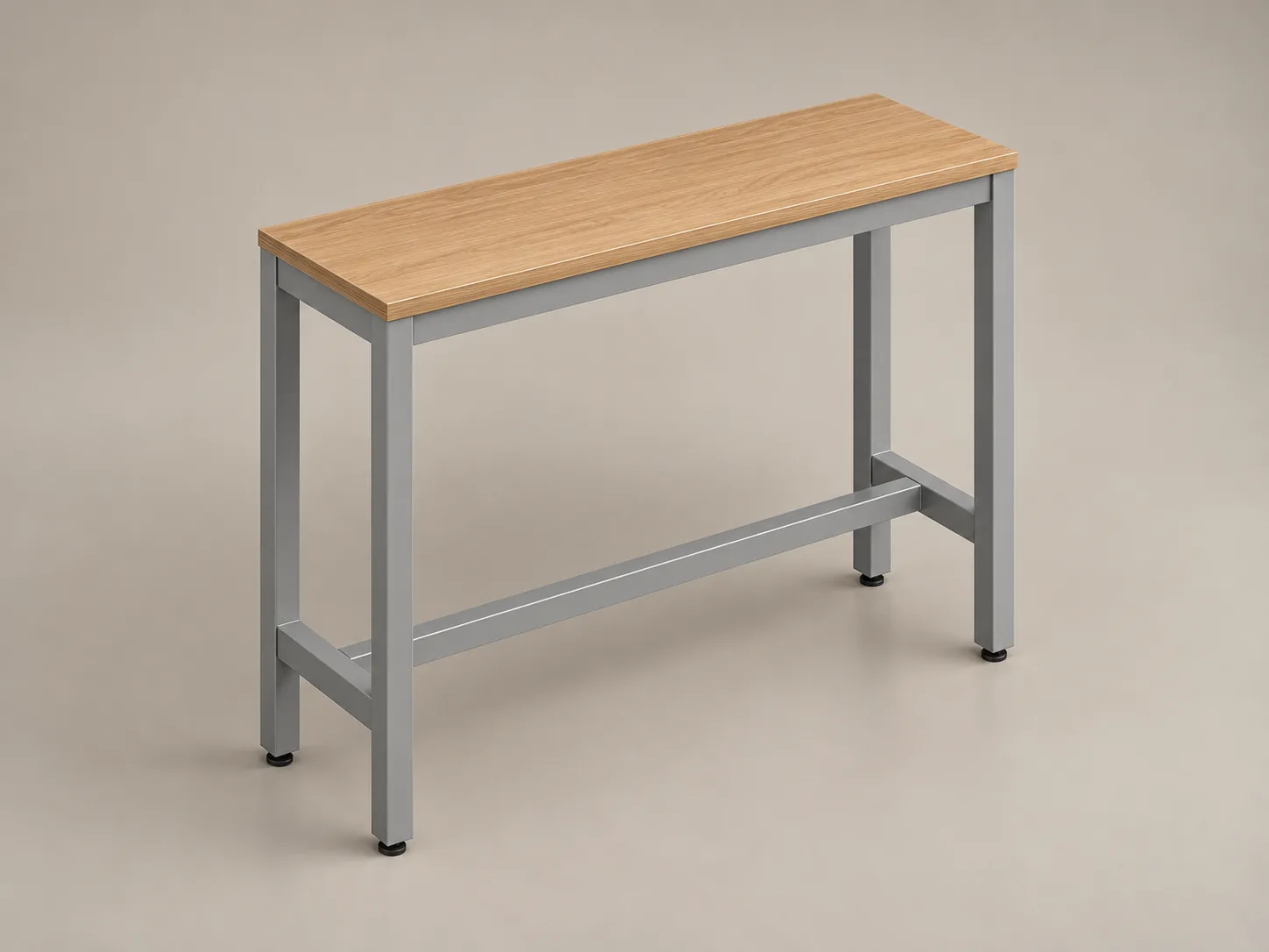 Mesa alta Quadra de Poliarte, cubierta de madera con estructura metálica gris