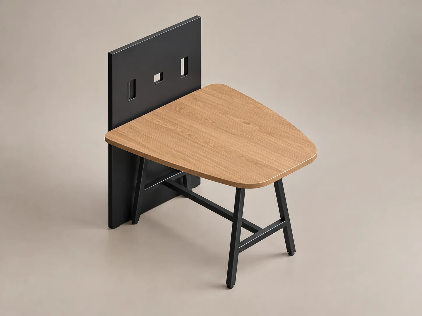 Mesa alta Rayten de Poliarte, sola, cubierta de madera con panel posterior negro