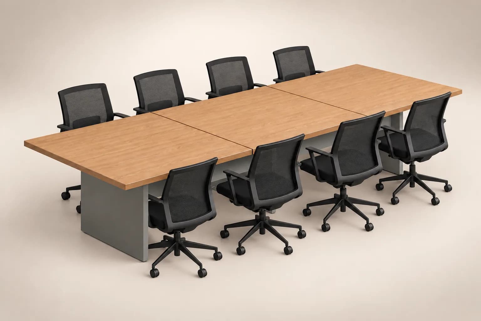 Mesa de juntas Cubo de Poliarte para ocho personas con sillas ejecutivas de malla
