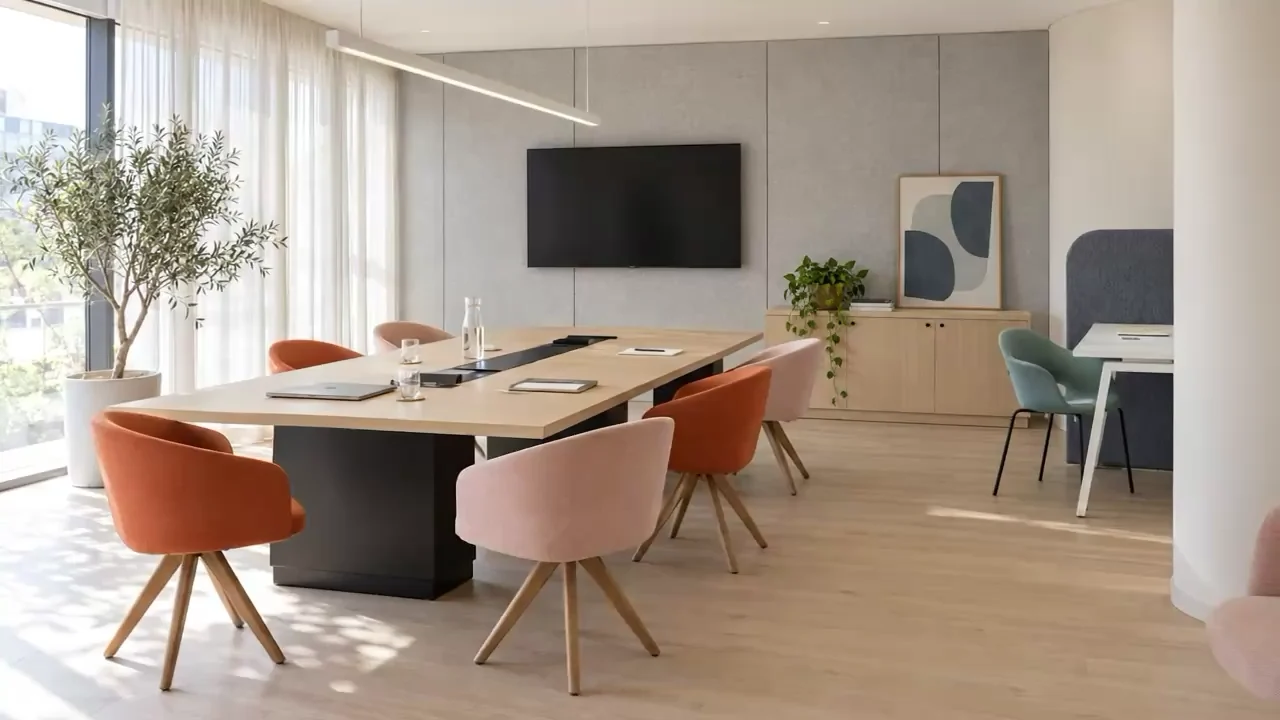 Sala de juntas con mesa de madera clara, sillas en terracota y rosa, y credenza baja