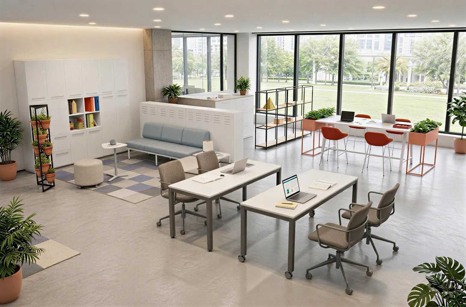 Espacio de oficina con mobiliario reconfigurable: mesas rodantes, lockers y área de trabajo flexible